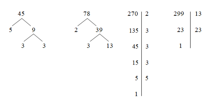 Phân tích các số sau ra thừa số nguyên tố: 45, 78, 270, 299. (ảnh 1)