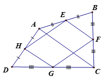 Cho tứ giác ABCD. Gọi E, F, G, H theo thứ tự là trung điểm của các cạnh AB, BC, CD, DA Tìm điều kiện của tứ giác ABCD để tứ giác EFGH là hình chữ nhật? (ảnh 1)