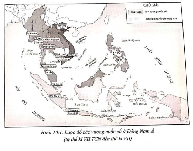 Quan sát hình 10.1,hãy:  a) Kể tên các vương quốc cổ ở Đông Nam Á từ thế kỉ VII TCN đến thế kỉ VII (ảnh 1)