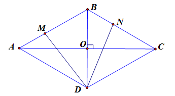 Cho hình thoi ABCD có AB = BD. Gọi M, N  lần  lượt trên các cạnh AB, BC  sao cho AM + NC = AD.  1) Chứng minh: AM = BN. (ảnh 1)