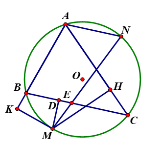 Cho đường tròn (O) ngoại tiếp tam giác ABC, từ điểm M trên cung BC không chứa điểm A,  (ảnh 1)