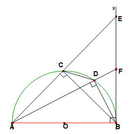 Cho nữa đường tròn tâm O đường kính AB , kẻ tiếp tuyến Bx và lấy hai điểm C và D thuộc nửa đường tròn. (ảnh 1)