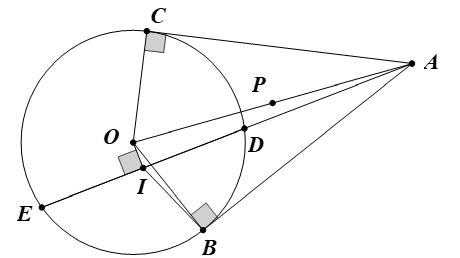 Từ một điểm A ở ngoài đường tròn (O) vẽ các tiếp tuyến AB, AC. Cát tuyến ADE không đi qua tâm O (D nằm giữa A và E).  (ảnh 1)