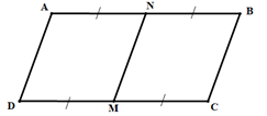 Cho hình bình hành ABCD có AB = 2.AD. Gọi M, N lần lượt là trung điểm cạnh CD, AB. Chứng minh tứ giác ANMD là hình thoi. (ảnh 1)