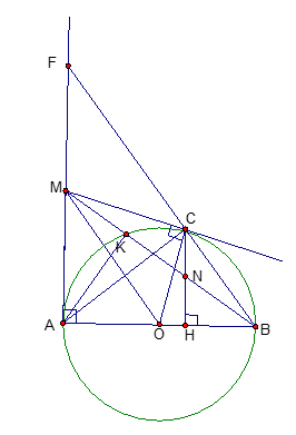Cho đường tròn tâm O  , đường kính AB. Trên tiếp tuyến của đường tròn(O)  tại A lấy điểm (ảnh 1)