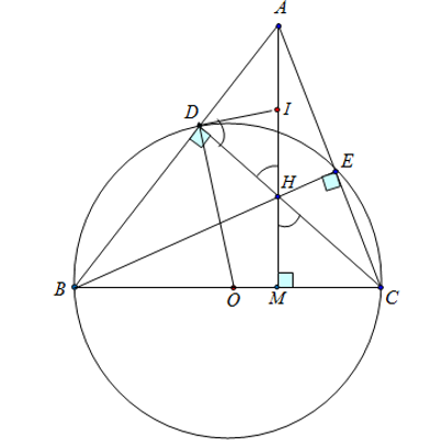 Cho tam giác ABC  có ba góc nhọn. Đường tròn (O) đường kính BC cắt các cạnh AB, AC lần lượt tại các điểm  (ảnh 1)