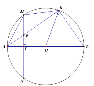Cho đường tròn (O,R) đường kính AB=2R  dây cung MN của (O)  vuông góc AB với tại I sao cho IA<IB. (ảnh 1)