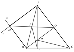 Cho tam giác ABC có đường cao AI. Từ A kẻ tia Ax vuông góc với AC, từ B kẻ tia By song song với AC. a) Tứ giác AMBQ là hình gì? (ảnh 1)