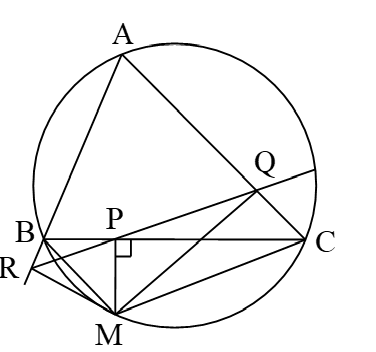 Gọi M là một điểm bất kỳ trên đường tròn ngoại tiếp tam giác ABC;  P,Q,R lần lượt là hình chiếu của M trên các đường thẳng BC, CA và . (ảnh 1)