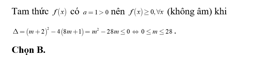 Tam thức f(x) =x^2-(m+2)x+8m+1 không âm với mọi x khi: (ảnh 1)