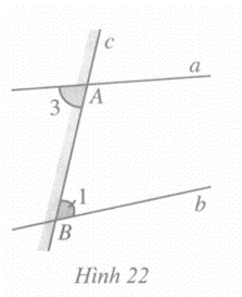 Ở Hình 22, góc A¬3¬ và góc B1 ở của đường thẳng c; góc A3 ở đường thẳng a, còn góc B1 lại ở  (ảnh 2)