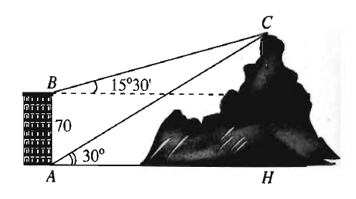 Từ hai vị trí A và B của một tòa nhà, người ta quan sát đỉnh C của ngọn núi. Biết rằng độ cao AB = 70 m (ảnh 1)