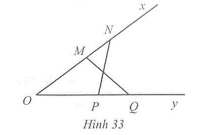 Cho góc nhọn xOy. Hai điểm M, N thuộc tia Ox thoả mãn OM = 2 cm, ON = 3 cm (ảnh 1)