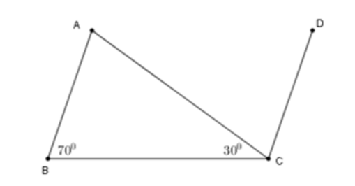 Cho tam giác ABC có góc ABC= 70 độ và góc ACB = 30 độ. Từ C kẻ tia CD sao cho CD /song song BA.  (ảnh 1)