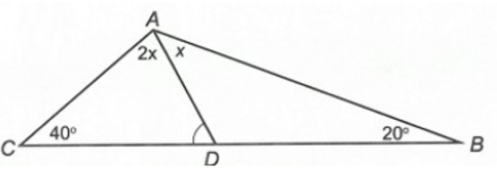 Cho tam giác ABC có góc B=20 độ; góc C=40 độ. Gọi AD là tia nằm giữa hai tia AB và AC sao cho (ảnh 1)