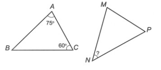 Cho tam giácABC và tam giác MNP bằng nhau. Biết số đo các góc như hình vẽ sau: (ảnh 1)