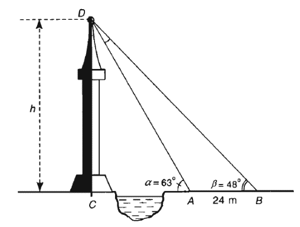 Giả sử CD = h là chiều cao của tháp trong đó C là chân tháp. Chọn hai điểm A, B trên mặt đất sao cho (ảnh 1)