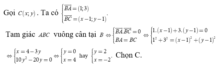 Trong mặt phẳng tọa độ Oxy  cho hai điểm A( 2,4) và B( 1, 1).  Tìm tọa độ điểm C sao cho tam giác ABC  vuông cân tại B   (ảnh 1)