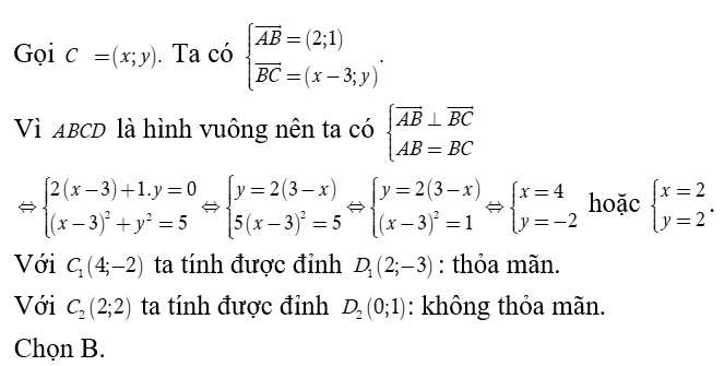 Trong mặt phẳng tọa độ Oxy  cho hình vuông ABCD  có A( 1; -1)  và B( 3,0)  Tìm tọa độ điểm D , biết D có tung độ âm. (ảnh 1)