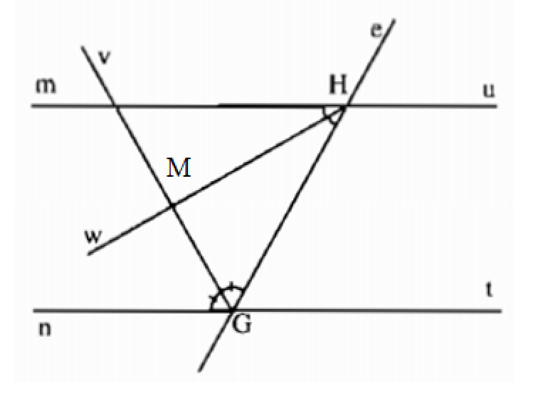 Cho đường thẳng e cắt hai đường thẳng nt và mu. Biết rằng Hw là tia phân giác của (ảnh 1)