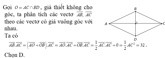 Cho hình thoi ABCD  có AC = 8  và BD = 6.  Tính vecto AC . vecto AB (ảnh 1)
