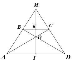 Cho hình vẽ. Biết tứ giác  ABCD là hình thang cân. Hai đường chéo AC và BD cắt nhau tại O. Hai cạnh bên AB và CD cắt nhau tại M.  (ảnh 1)