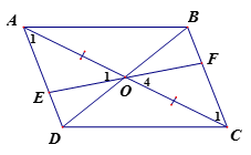 Cho hình bình hành ABCD, O là giao điểm của hai đường chéo. Một đường thẳng đi qua O cắt hai cạnh đối AD, BC ở E, F. (ảnh 1)