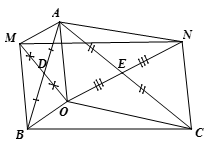 Cho tam giác ABC, D là trung điểm của AB, E là trung điểm của AC. Gọi O là điểm bất kỳ nằm trong tam giác ABC (ảnh 1)