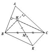 Cho ABC có H là trực tâm. Gọi M là trung điểm của BC, K là điểm đối xứng với H qua M. Tính số đo ABK, ACK  (ảnh 1)