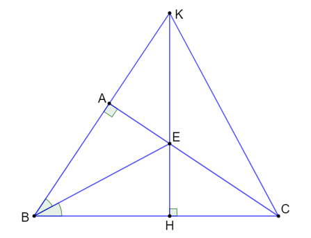 Xét tam giác ABC vuông tại A; đường phân giác góc B cắt cạnh AC tại E; đường thẳng qua E (ảnh 1)