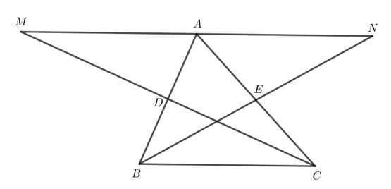 Cho tam giác ABC. Gọi D là trung điểm của AB. Trên tia đối của tia DC,  (ảnh 1)