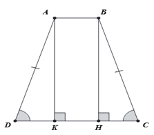 Cho hình thang cân ABCD (AB // CD) có AB = 3, BC = CD = 13 (cm). Kẻ các đường cao AK và BH.  a) Chứng minh rằng CH = DK. (ảnh 1)