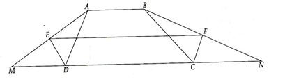 Cho hình thang ABCD (AB//CD). Các đường phân giác ngoài của  góc A và góc D cắt nhau tại E a) EF song song với AB và CD (ảnh 1)
