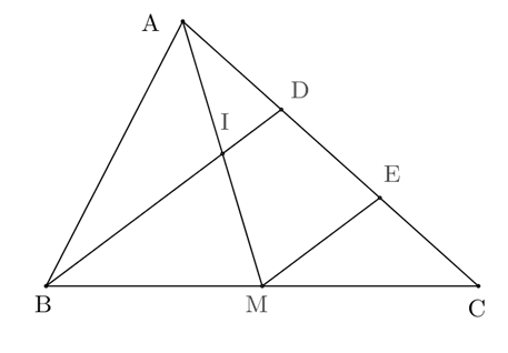 Cho tam giác ABC. Gọi M là trung điểm của BC, I là trung điểm của AM. Tia BI cắt AC ở D. Chứng minh:  a. AD = DE = EC. (ảnh 1)