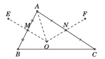 Cho tam giác ABC và O là một điểm bất kì trong tam giác. Vẽ điểm E đối xứng với O qua trung điểm M của AB.  (ảnh 1)