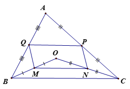 Cho tam giác ABC. Gọi O là một điểm thuộc miền trong của tam giác. M, N, P, Q a) Chứng minh tứ giác MNPQ là hình bình hành. (ảnh 1)