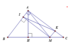Cho tam giác ABC vuông tại A có đường cao AH, M là một điểm di động trên cạnh BC. Gọi I là hình chiếu của M trên AB. (ảnh 1)