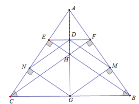 Cho tam giác ABC cân tại A, hai đường cao BE và CF cắt nhau tại H. Đường thẳng AH  cắt EF  tại D , cắt BC  tại G .  (ảnh 1)