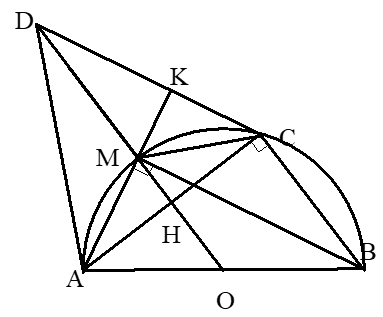 Cho nửa đường tròn (O)  đường kính AB=2R , dây cung AC . Gọi  M là điểm chính giữa cung AC . (ảnh 1)