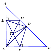 Cho tam giác ABC  vuông cân tại C, M là điểm bất kỳ trên cạnh AB . Gọi D là trung điểm của AB . Chứng minh rằng:  a) Tứ giác CFME  là hình chữ nhật. (ảnh 1)
