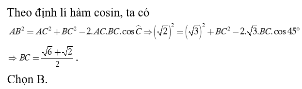 Tam giác ABC  có AB = căn 2; AC = căn 3 và góc C = 45 độ . Tính độ dài cạnh BC . (ảnh 1)