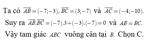 Trong mặt phẳng tọa độ Oxy  cho tam giác ABC  có A(10,5), B( 3,2)  và C( 6,-5) . Khẳng định nào sau đây là đúng (ảnh 1)