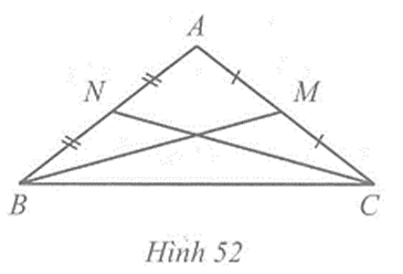 Cho tam giác ABC cân tại A có M là trung điểm cạnh AC, N là trung điểm cạnh AB (ảnh 1)