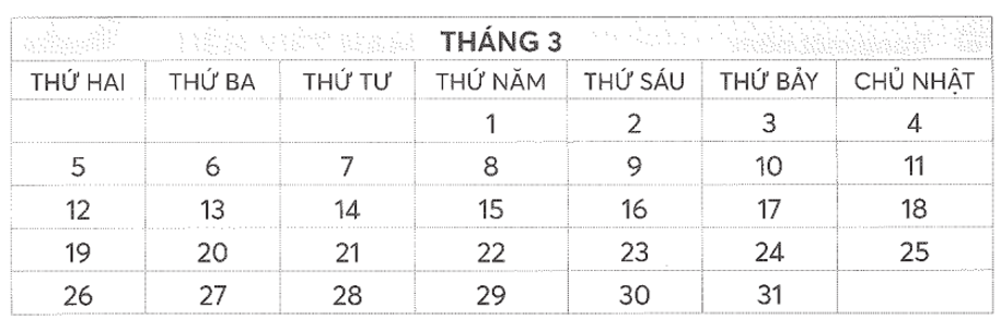 Quan sát tờ lịch tháng 3 rồi viết tiếp vào chỗ chấm.  a) Trong tháng 3, các ngày thứ Năm  (ảnh 1)