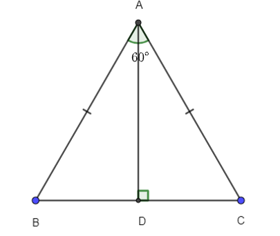 Cho tam giác ABC có AD vuông góc với BC. Biết AB = AC = 3cm,góc A=60 độ . Tính cạnh BC. (ảnh 1)