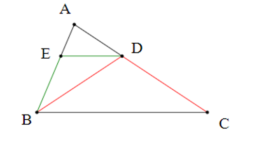 Cho tam giác ABC có góc B= góc 2C . Kẻ đường phân giác BD, từ D kẻ DE song song BC (E ∈thuộc AB). (ảnh 1)
