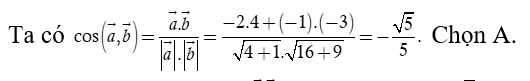 Trong mặt phẳng tọa độ Oxy  cho hai vectơ a = ( -2, -1)  và b = 4; -3) . Tính cosin của góc giữa hai vectơ  a và  b (ảnh 1)