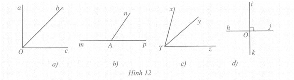 Tìm hai góc kề nhau, hai góc kề bù, hai góc đối đỉnh (không tính góc không và góc bẹt hình 12a (ảnh 1)