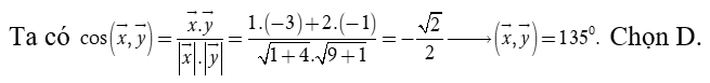 Trong mặt phẳng tọa độ Oxy  cho hai vectơ x = (1,2)  và y = (-3; -1) . Tính góc alpha giữa hai vectơ x và y  (ảnh 1)