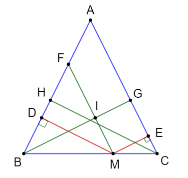 Cho tam giác ABC cân tại A và một điểm M tùy ý thuộc đoạn thẳng BC, M khác B và C (ảnh 1)
